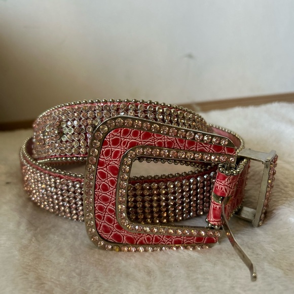 Western Style S/M Pink Rhinestone Embellished Belt Cowgirl Rodeo Leather - Picture 4 of 14